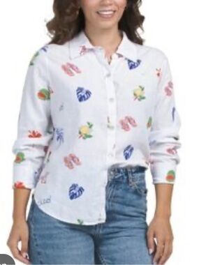 C&C California Linen-Blend "Ciao" Tropical Button-Down Shirt white size large